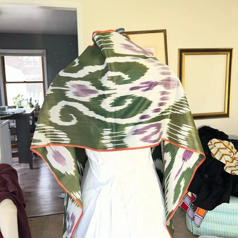 VTG Ikat Woven Scarf Shawl Green Purple Fringe Boho Wrap 70x15